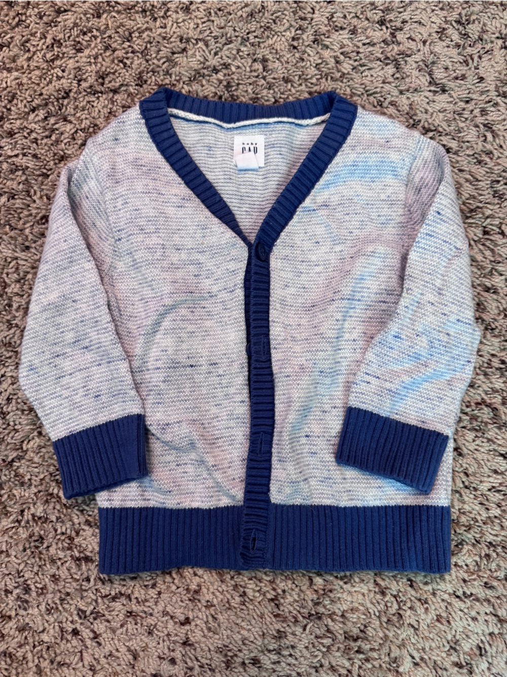 GAP Blue Trim Heathered Light Gray Knit Cardigan
